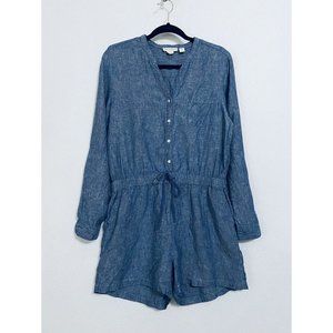 Cynthia Rowley Womens Medium Chambray Linen Romper Drawstring Waist Pockets Boho